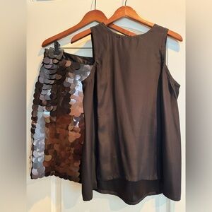 W by Worth shimmering chocolate bronze mini skirt + matching silk tank, size 6.